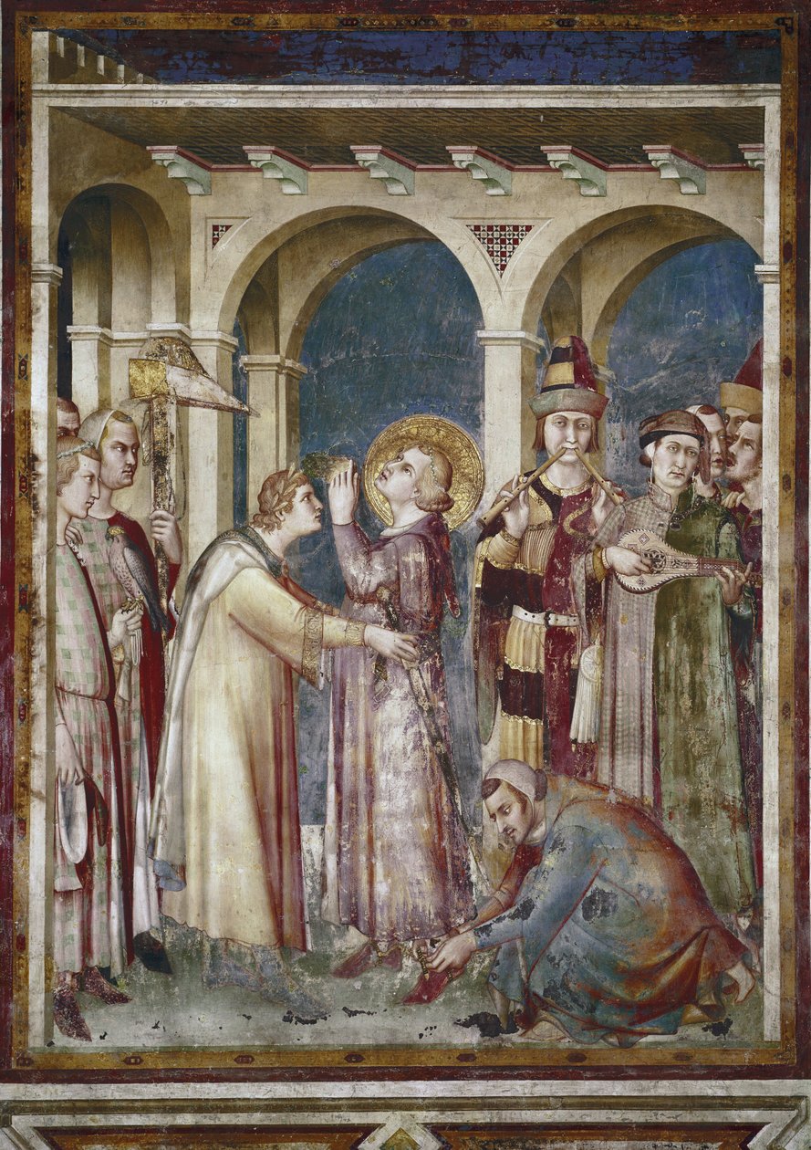 Fresko af Sankt Martins liv. Sankt Martin er en ridder, detalje. Festen Saint Martin de Tours og musikerne. Maleri af Simone Martini (1280-1344). Fresco af Simone Martini