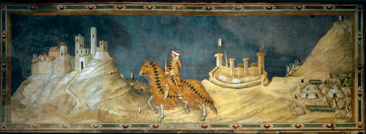 Guidoriccio da Fogliano. repræsentation af Guido Riccio da Fogliano (død 1352), kommandør (condottiero) for Siena-hæren, under erobringen af ​​slottet Montemassi i Maremma (Maremma) i 1328. Maleri af Simone Martini (1280-1344) af Simone Martini