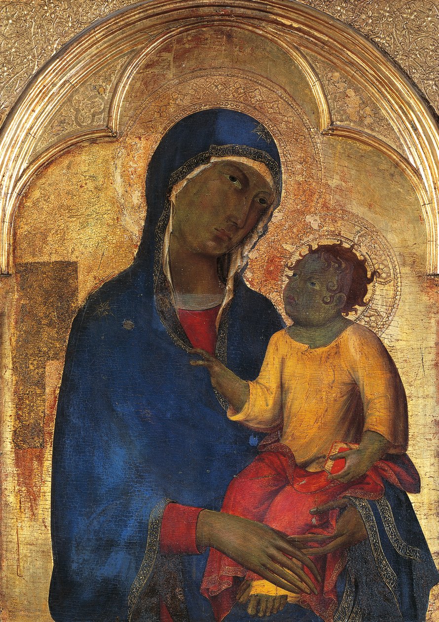 Madonna og barn, detalje fra altertavlen i San Domenico af Simone Martini (1283-1344), tempera og guld på træpanel af Simone Martini