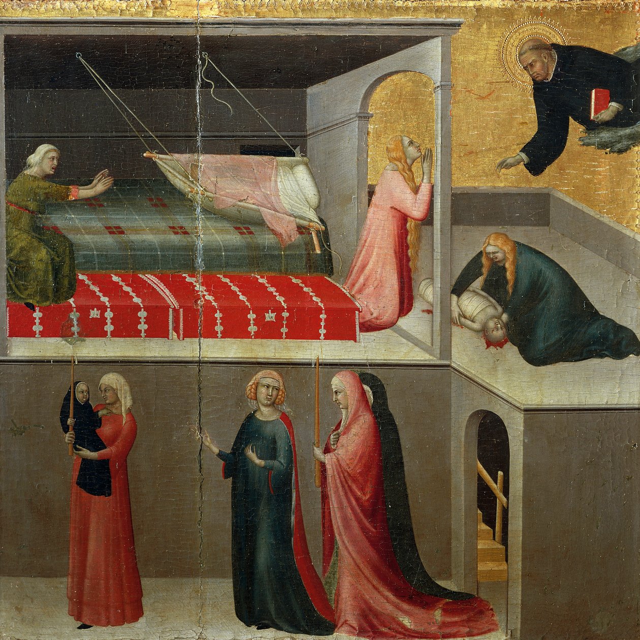 Mirakel af baby, der faldt fra vugge, detalje fra altertavle med titlen Blessed Agostino Novello og historier om hans liv af Simone Martini (1283-1344), olie på lærred, 200x256 cm, ca. 1330 af Simone Martini