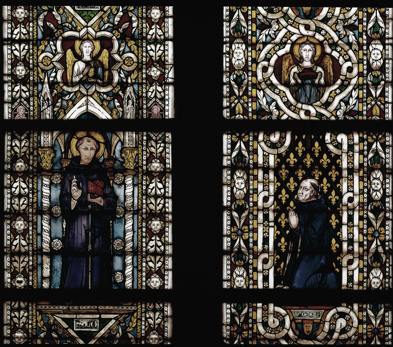 Sankt Antonius af Padova (1195-1231) og kardinal hedning af Montefiore (Gentile Partino da Montefiore, Gentilis af Monteflorum, ca. 1240-1312) knælende (Sankt Antonius af Padova og Gentile da Montefiore) - Glasmaleri af Simone Martini (ca. 1284-1344), cm.  af Simone Martini