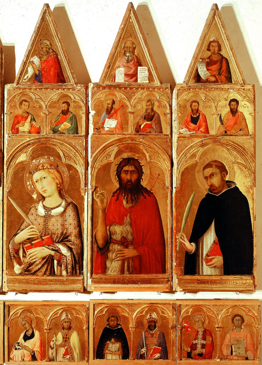 Sankt Katarina af Alexandria, Sankt Johannes Døberen, Sankt Peter af Verona. Detalje af Saint Catherine of Alexandria Polyptykon (tempera og guld på træ af Simone Martini