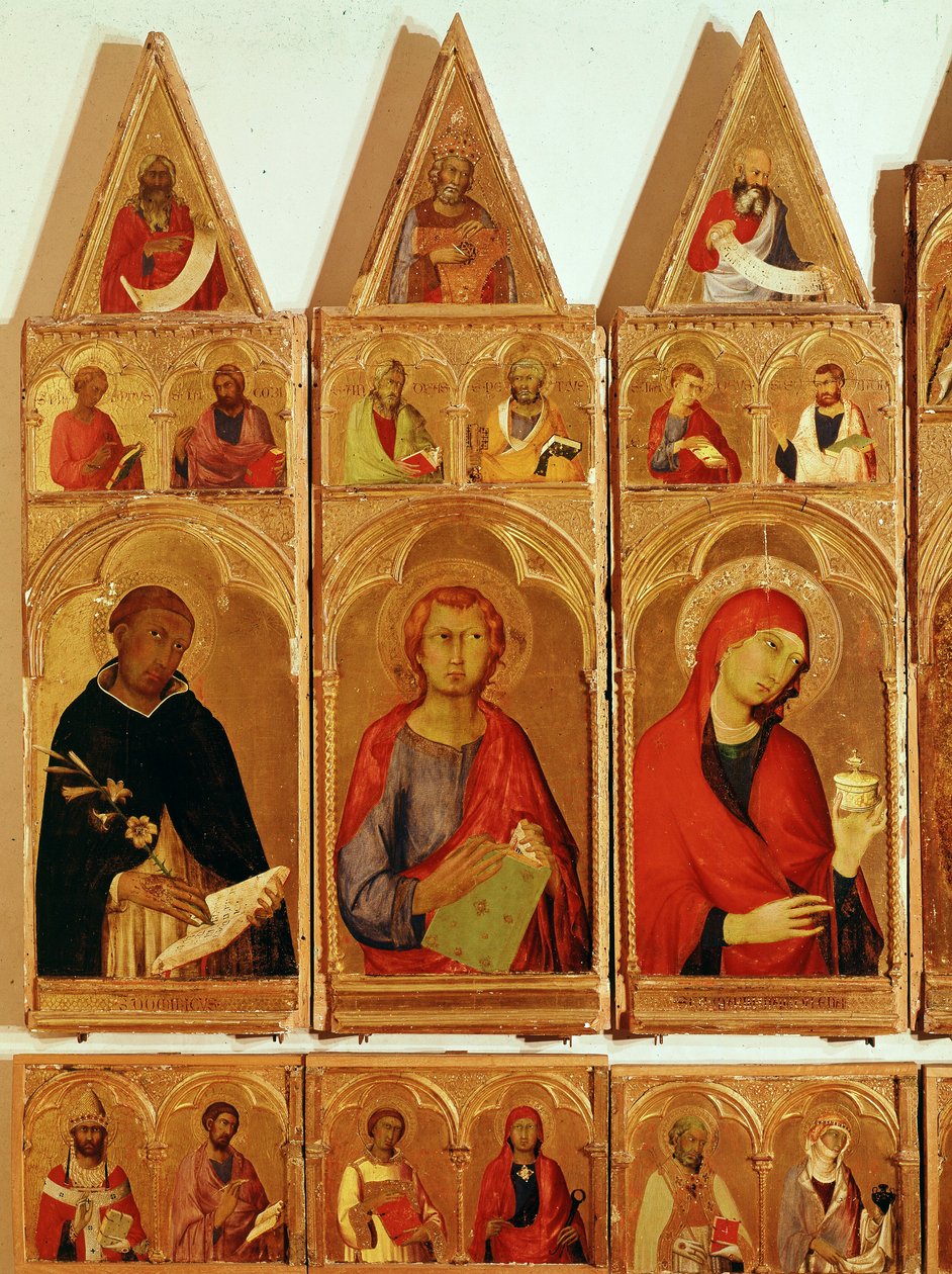 Saint Dominic, Saint John Evangelist, Saint Mary Magdalene. Detalje af Saint Catherine of Alexandria Polyptykon (tempera og guld på træ af Simone Martini