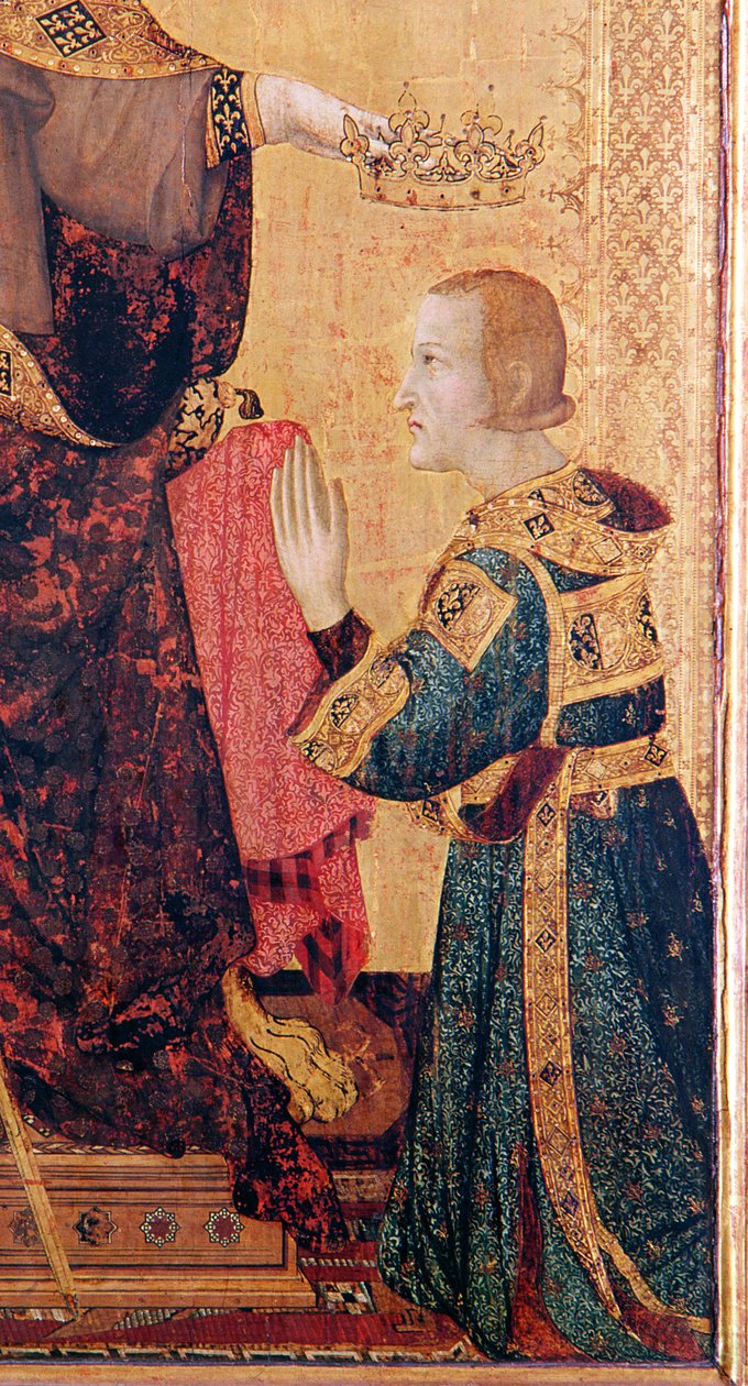 St. Louis af Toulouse (1274-97) kronede sin bror, Robert af Anjou (1278-1343) fra alteret i St. Louis af Toulouse, 1317 (tempera på panel) (detalje fra 183716) af Simone Martini