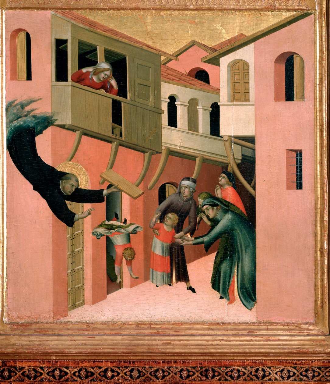 Den italienske munk Agostino Novello siger det Panormitano og repræsentationen af fire af hans mirakler barnet falder fra balkonen, - tempera på panelet af Simone Martini