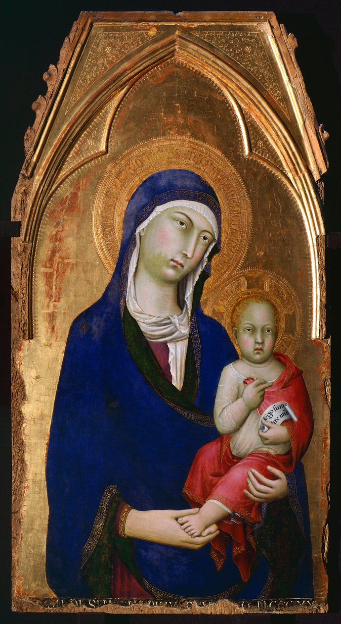 Madonnaen og barnet, detalje fra altertavlen af St. Dominic, af Simone Martini (1283-1344), tempera og guld på træpanel af Simone Martini