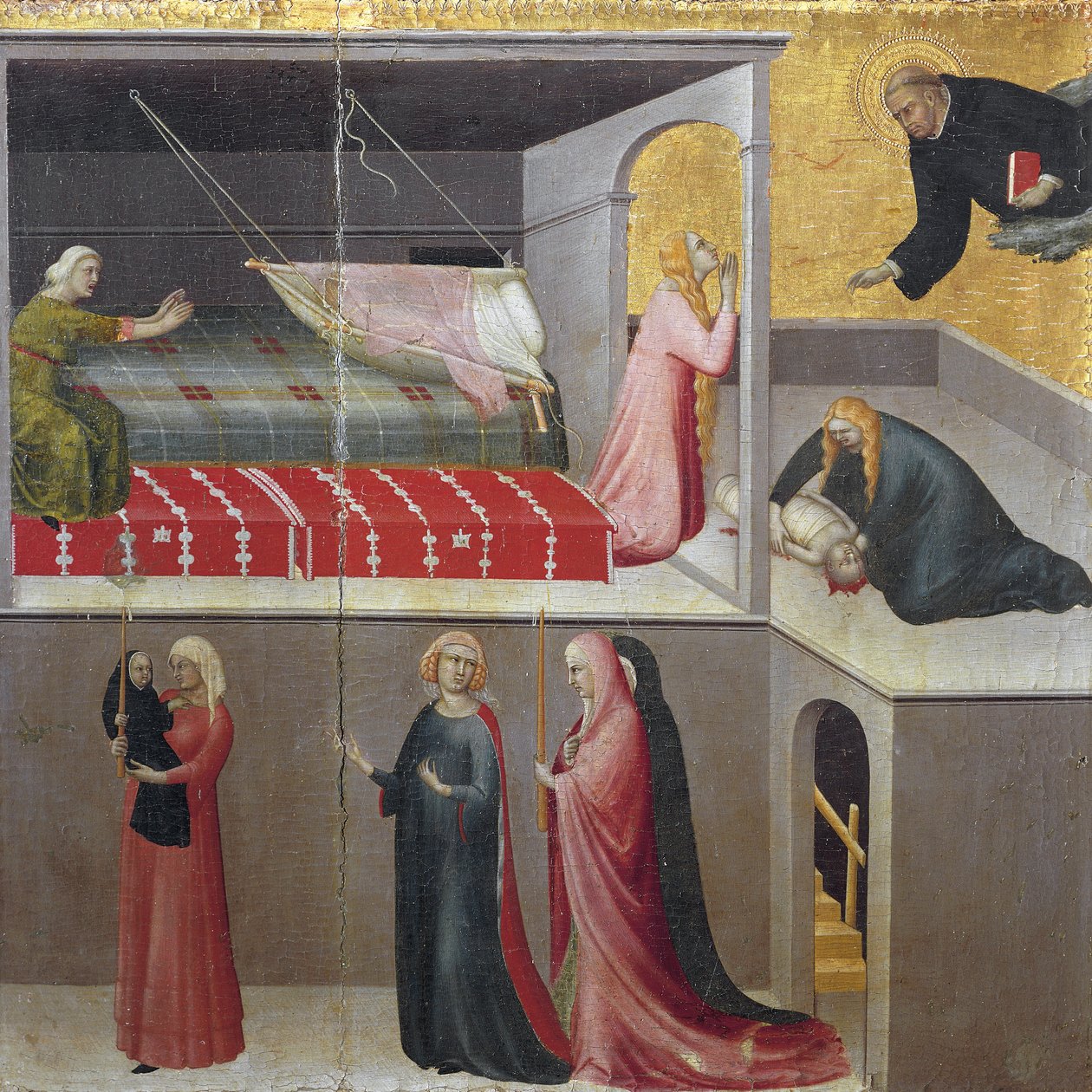 Barnets mirakel falder fra hans vugge: de tre kvinder taler i bunden af scenen. Del af triptykonen History of Eremit of St. Augustine (Tempera på træ af Simone Martini