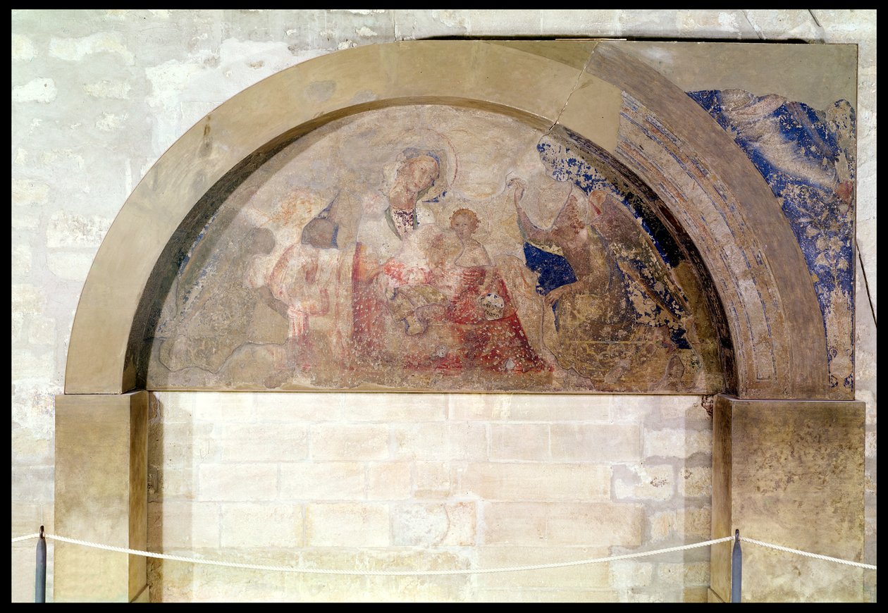 Tympanum forestiller ydmyghedens jomfru med Kristusbarnet omgivet af engle, 1341 af Simone Martini