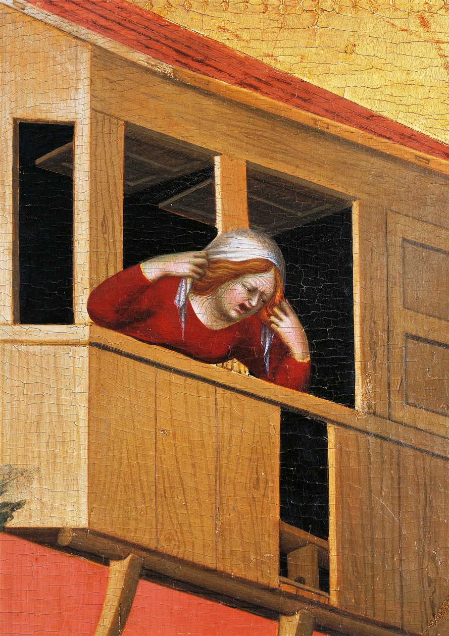 Kvinde lænet over balkonen, detalje fra altertavlen med titlen Blessed Agostino Novello og historier om hans liv, af Simone Martini (1283-1344), olie på lærred, 200x256 cm, ca 1330 af Simone Martini