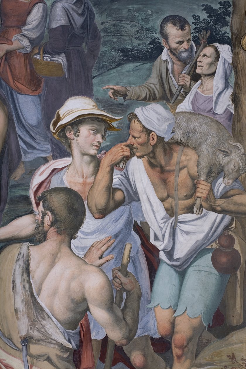 Tilbedelse af hyrderne, 1578-82 (detalje af 3497111) af Simone Veneziano Peterzano