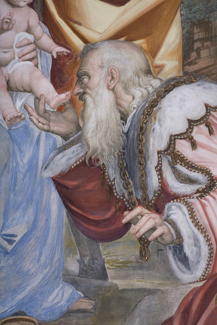 De tre kongers tilbedelse, præstegård, 1578-82 (detalje af 3497103) af Simone Veneziano Peterzano