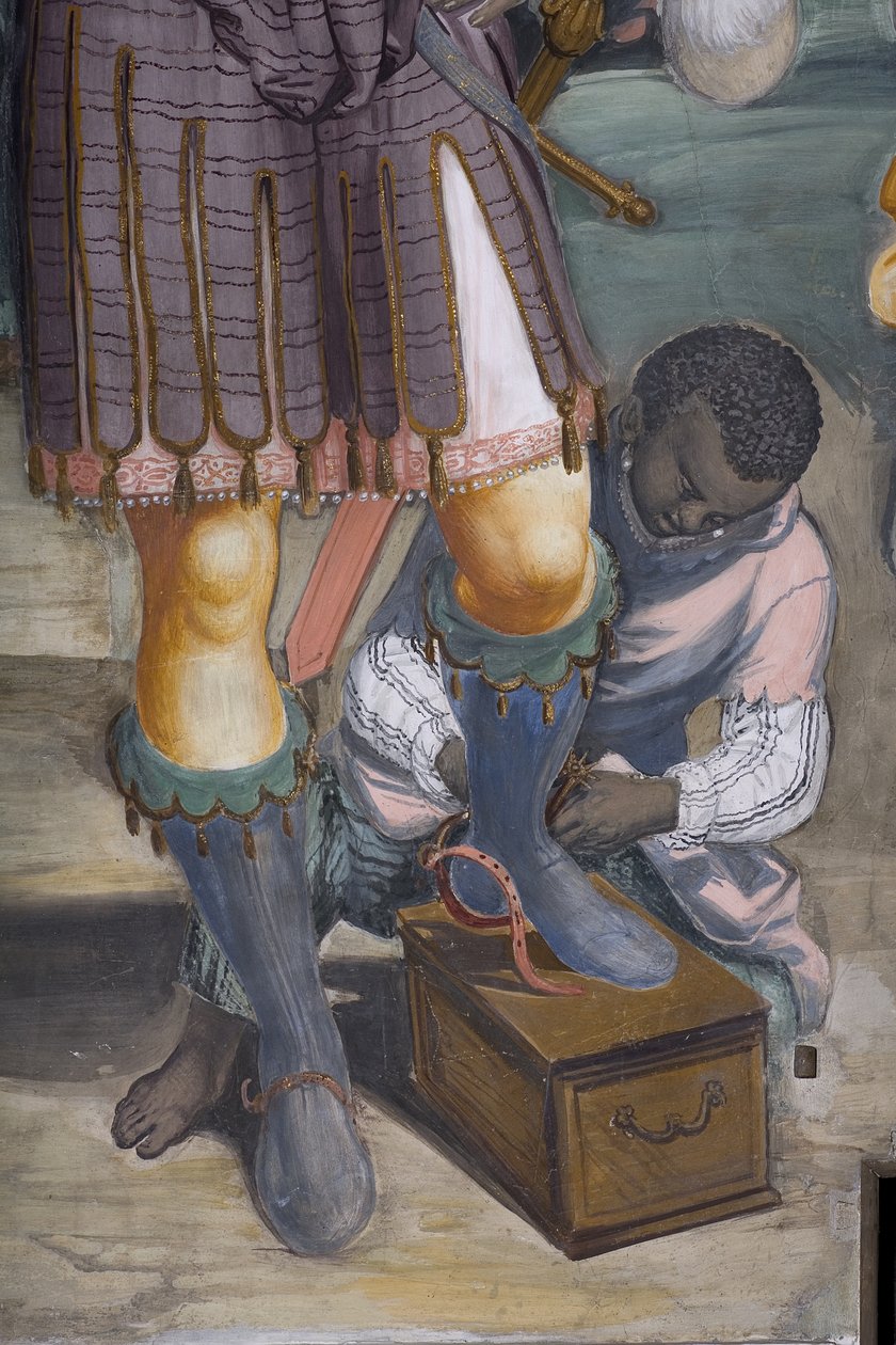 De tre kongers tilbedelse, præstegård, 1578-82 (detalje af 3497103) af Simone Veneziano Peterzano