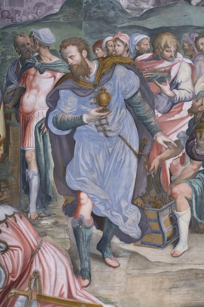 De tre kongers tilbedelse, præstegård, 1578-82 (detalje af 3497103) af Simone Veneziano Peterzano