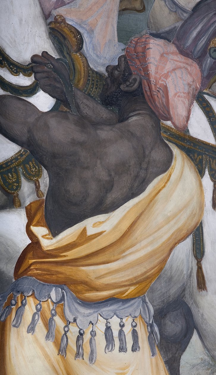 De tre kongers tilbedelse, præstegård, 1578-82 (detalje af 3497103) af Simone Veneziano Peterzano