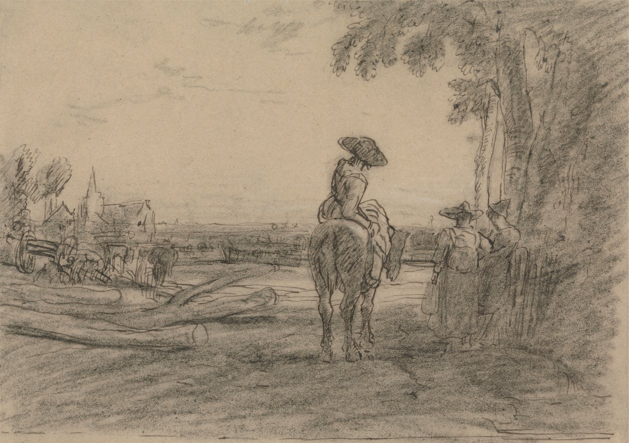 Kvinde på en hest med to stående kvinder med udsigt over et landskab af Sir Augustus Wall Callcott
