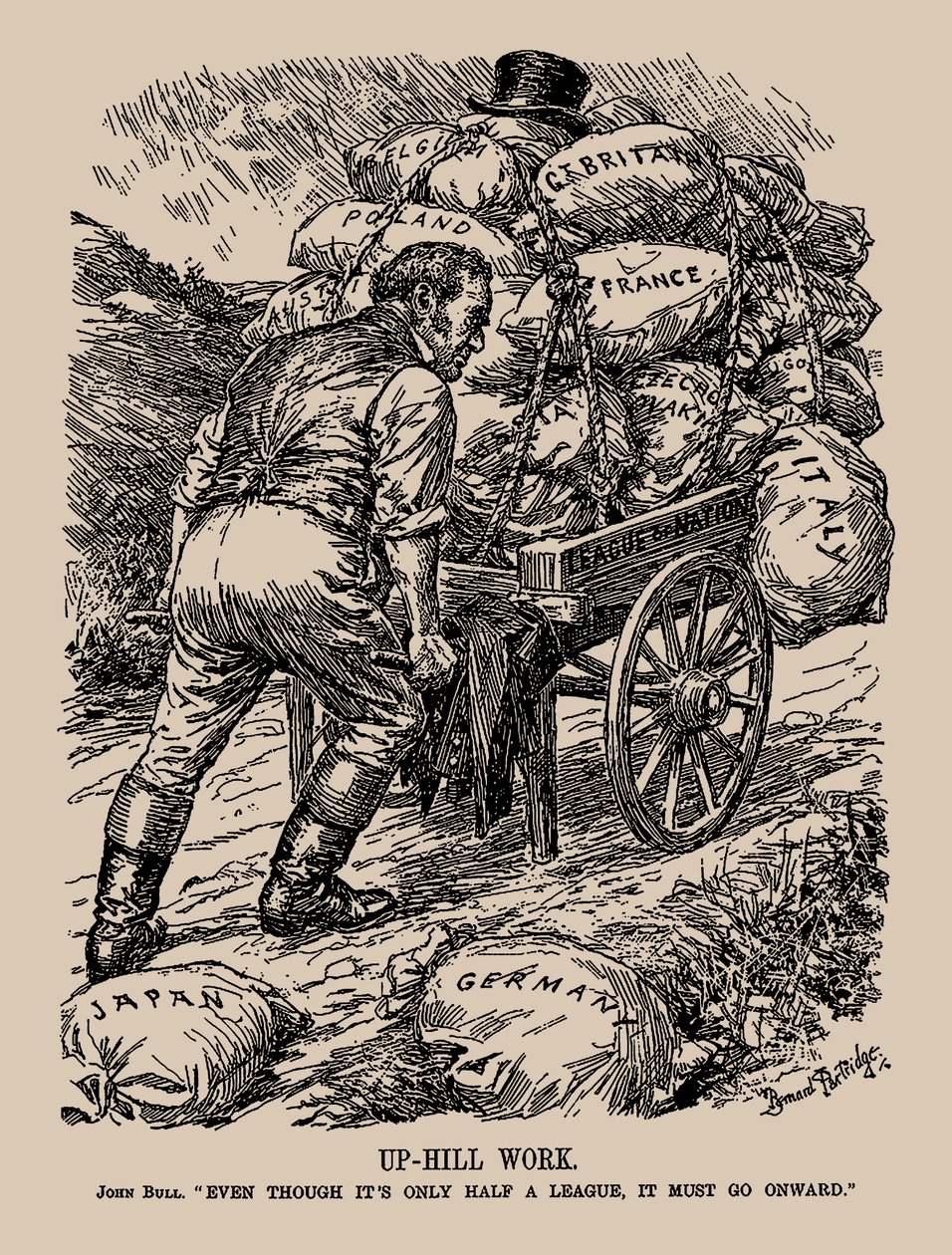 Arbejde op ad bakke. John Bull. Selvom det kun er en halv liga, skal det fortsætte, 1935. af Sir Bernard Partridge
