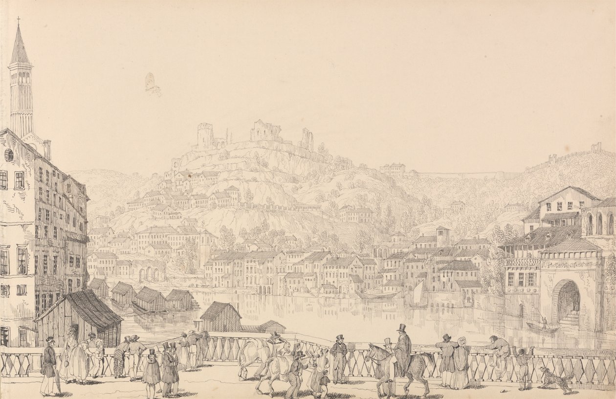 Album med 30 udsigter i Tyrol og Italien: Byen Verona og slottet San Pietro fra en anden bro, 1. november 1840 af Sir Charles D
