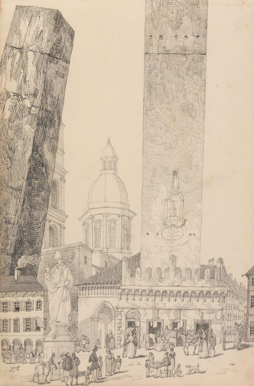 Album med 30 udsigter i Tyrol og Italien: Skæve tårne, Statue af St. Francis, Bologna 12. november 1840 af Sir Charles D