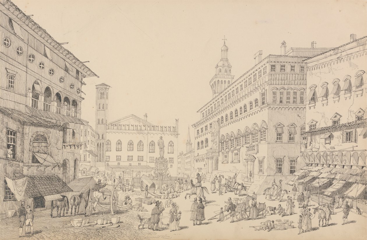 Album med 30 udsigter i Tyrol og Italien: Plads ved Bologna, katedralen og pavens legatpalads 12. november 1840 af Sir Charles D