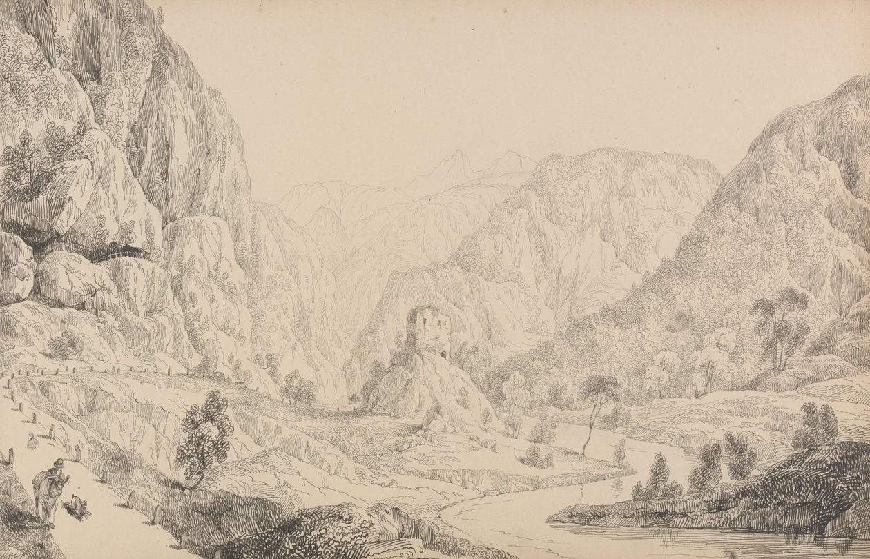Album med 30 udsigter i Tyrol og Italien: Udsigt over Eisak nær Mittenwald, 27. oktober 1840 af Sir Charles D