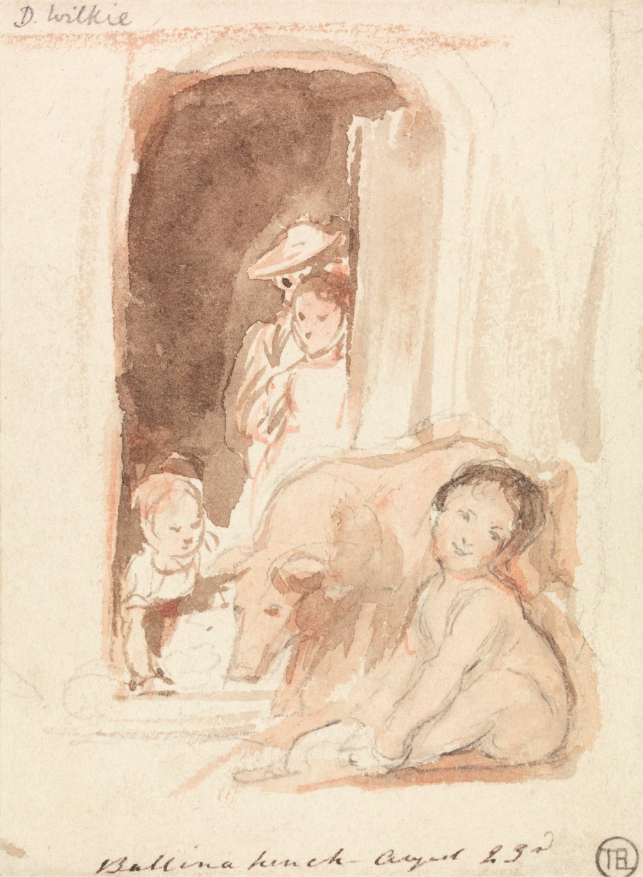 Børn med gris ved en døråbning i Ballynahinch, Irland af Sir David Wilkie
