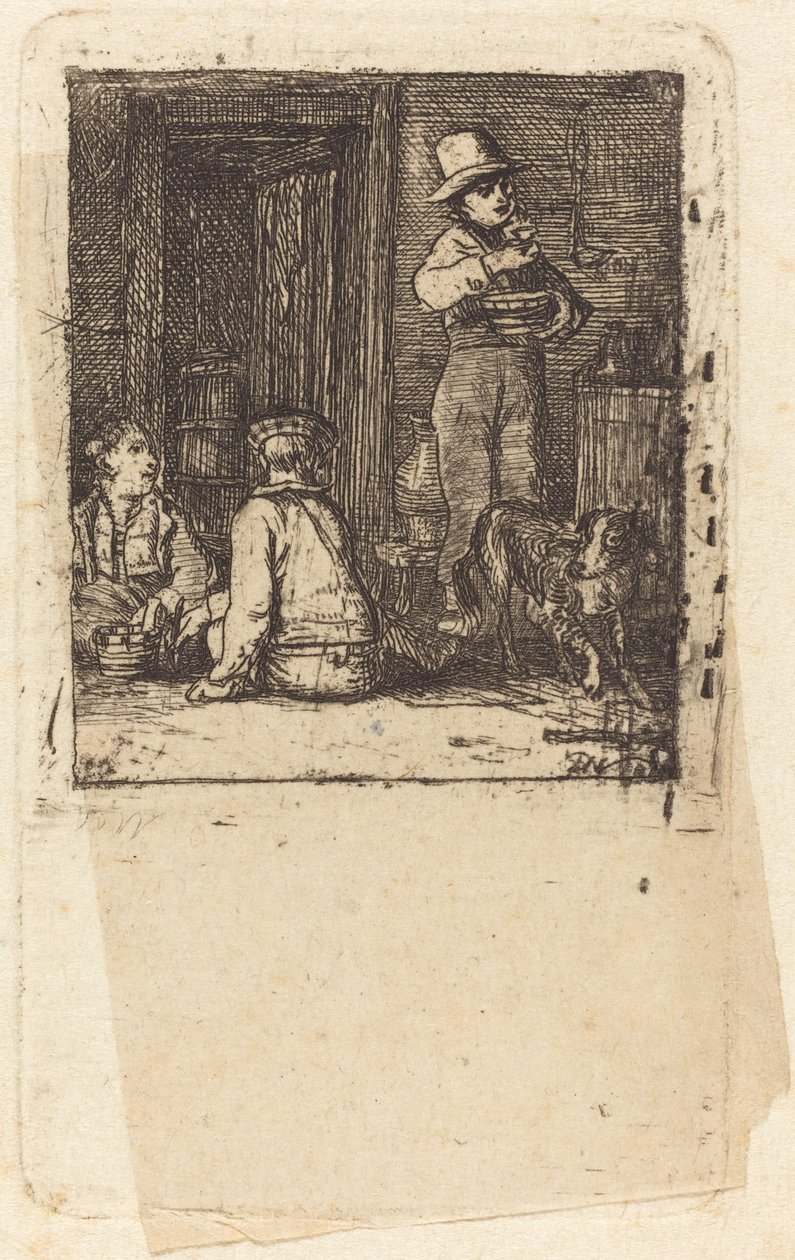 Interiør med tre drenge og en hund af Sir David Wilkie