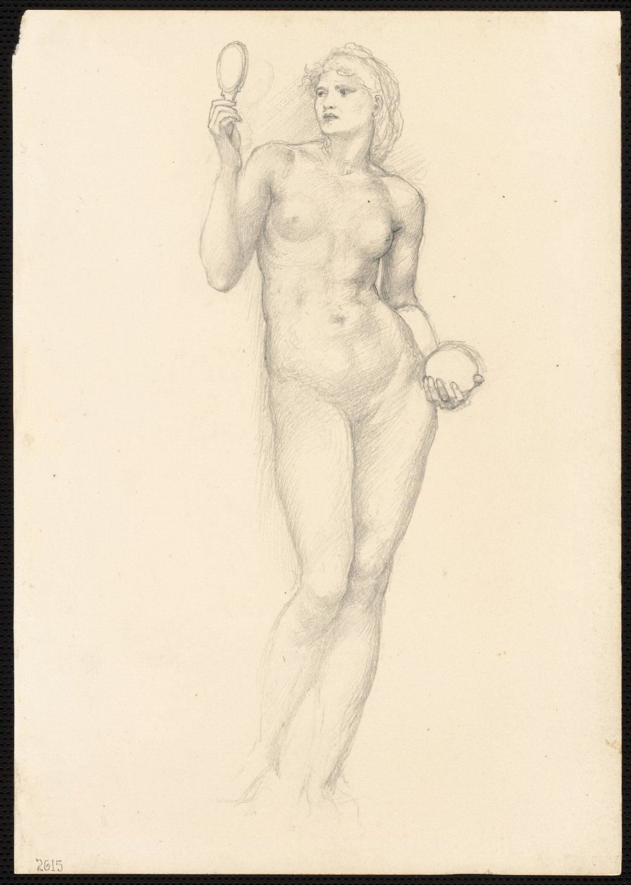 Nøgen kvindefigur med spejl i højre hånd af Sir Edward Burne Jones