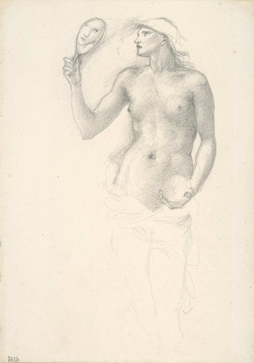 Halvnøgen kvindefigur med spejl i højre hånd af Sir Edward Burne Jones