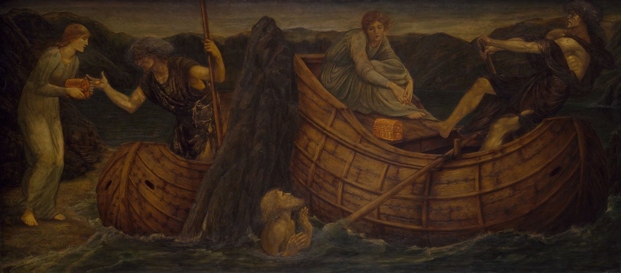 Amor og Psyche - Palace Green Murals - Psyche giver mønten til færgemanden fra Styx, 1881. af Sir Edward Coley Burne Jones