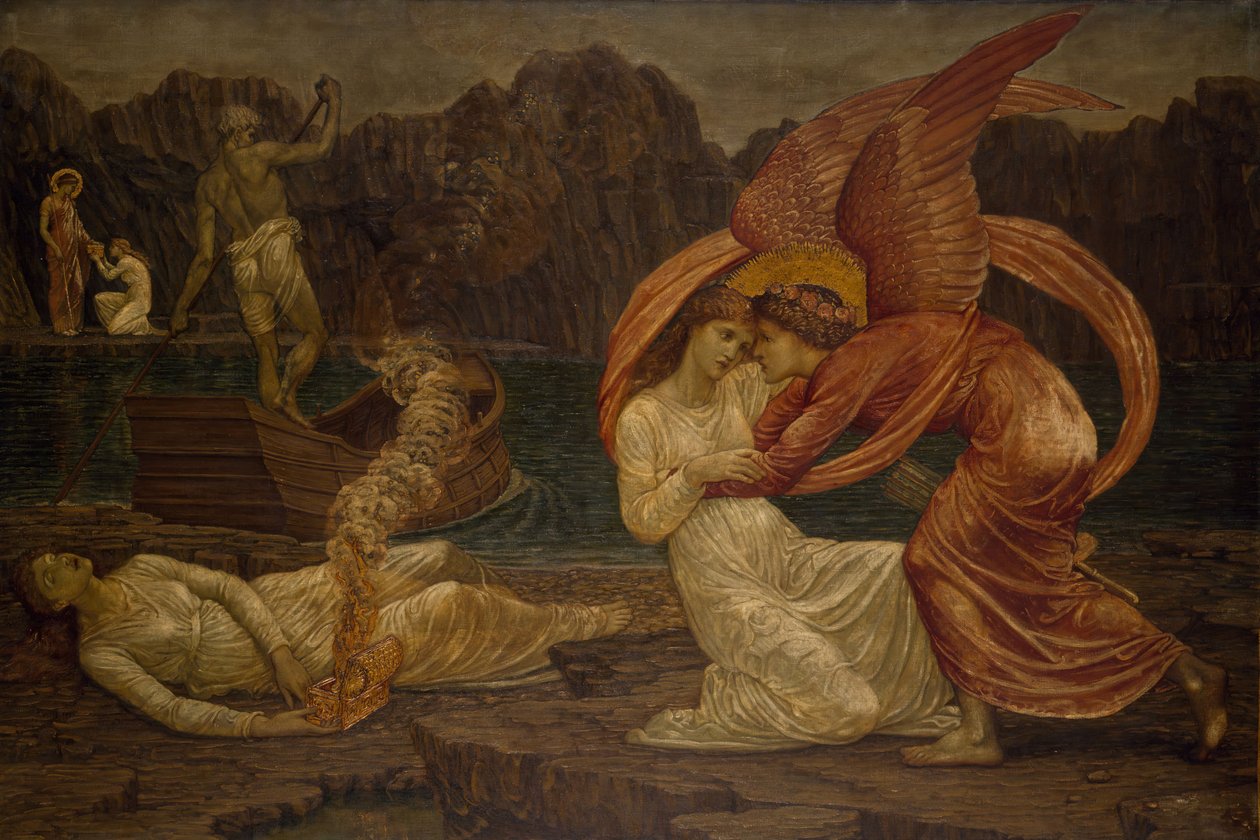 Amor og Psyche - Palace Green Murals - Psyche modtager kisten fra Proserpine, 1881. af Sir Edward Coley Burne Jones