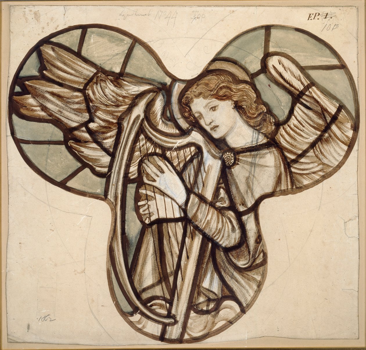 Design til farvet glas i Lyndhurst Church: An Angel Harpist, 1862 af Sir Edward Coley Burne Jones