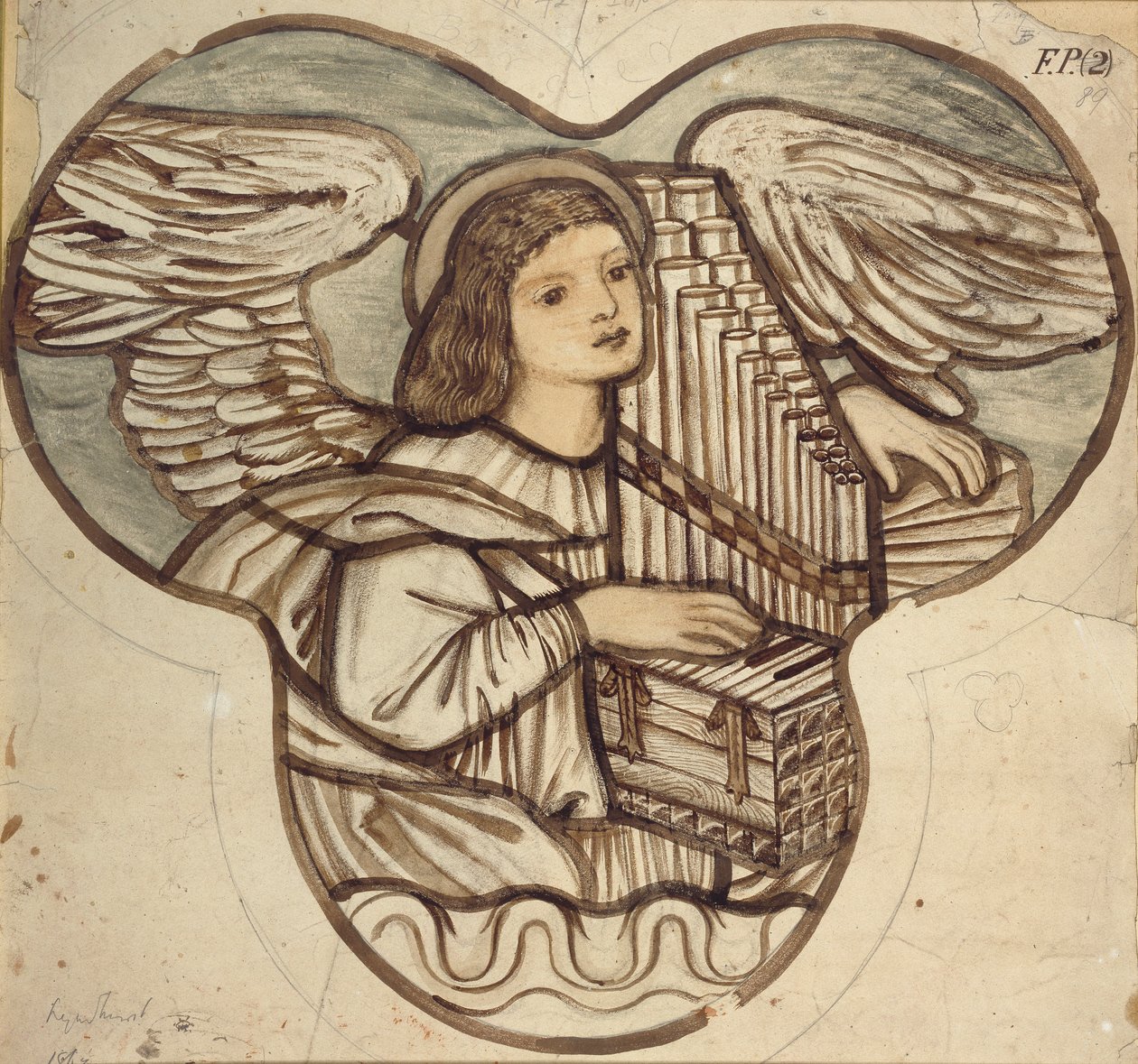 Design til farvet glas i Lyndhurst Church: An Angel Organist, 1886 af Sir Edward Coley Burne Jones