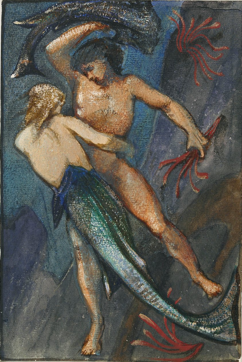 Havfrue og mand fra Album af otteogfyrre tegninger, c1853-1898 af Sir Edward Coley Burne Jones