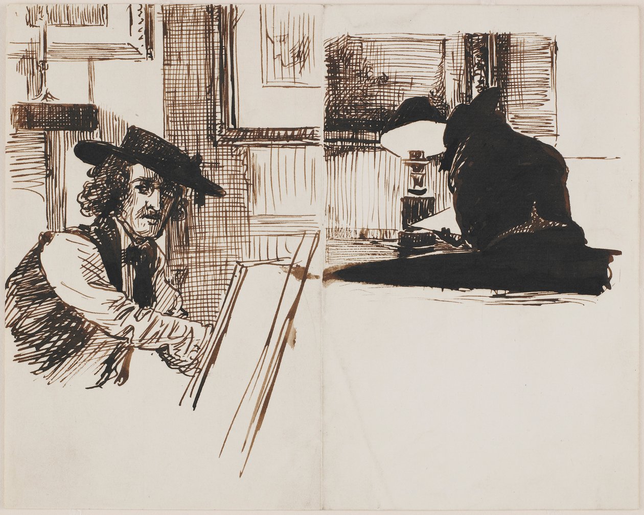 Whistler tegning Poynter; bagfra af en mand siddende ved et bord nær en tændt lampe af Sir Edward John Poynter