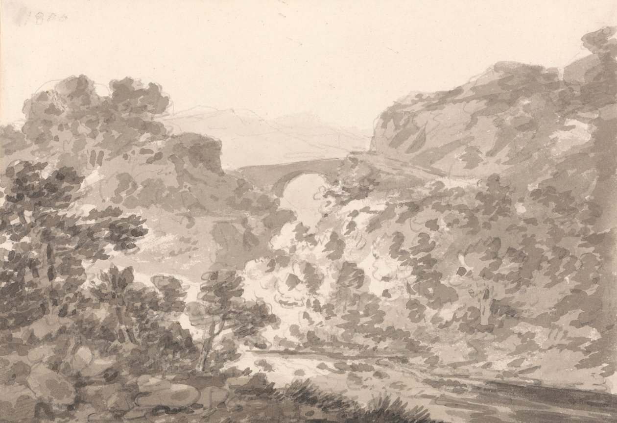 Bro over Stream, North Wales af Sir George Howland Beaumont seventh Baronet