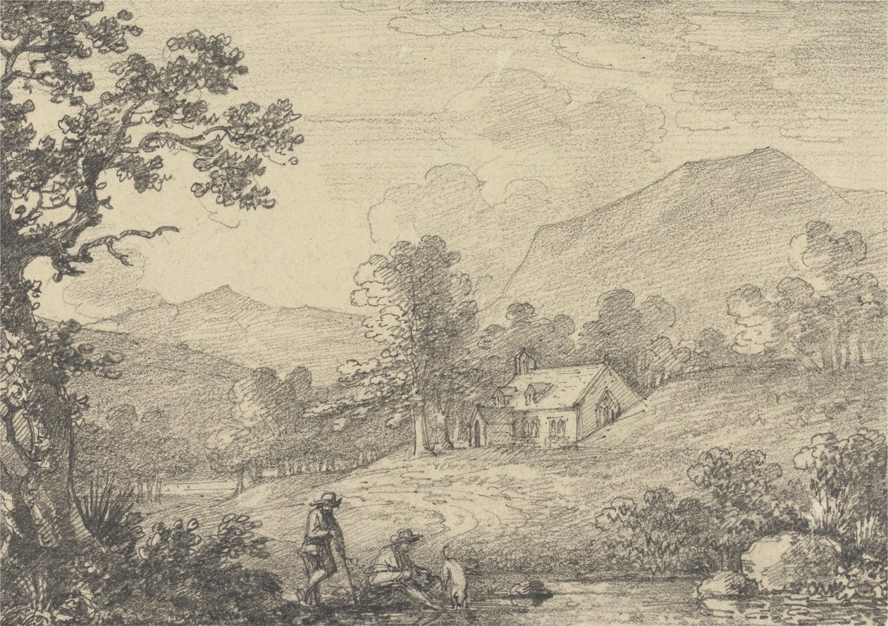 To figurer ved siden af en dam og en kirke i et bakket landskab af Sir George Howland Beaumont seventh Baronet