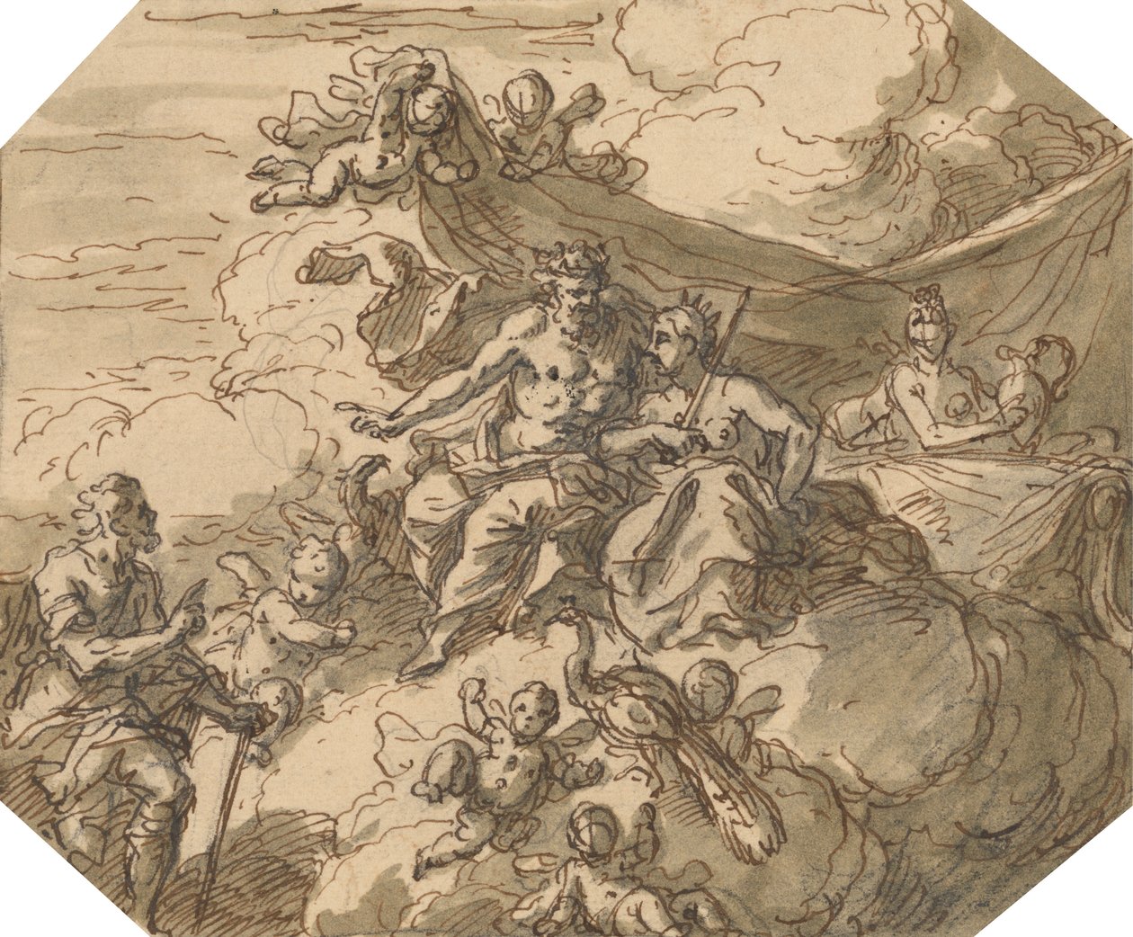 Design til en mytologisk scene med Jupiter og Juno af Sir James Thornhill