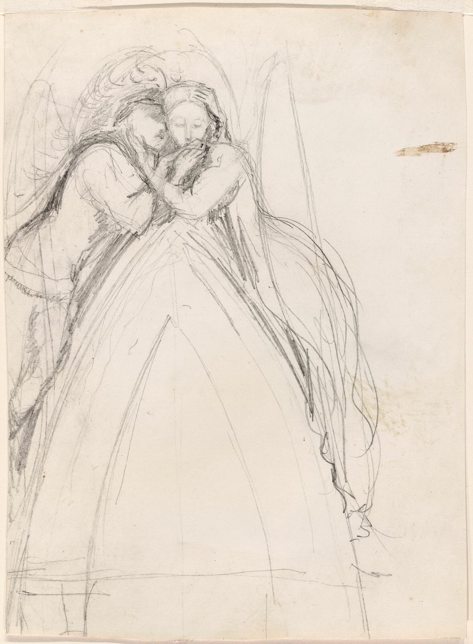 Design til en gotisk bue med kunstneren og Effie Ruskin, der omfavner hinanden (recto); Design til en gotisk bue med Effie som engel (verso) af Sir John Everett Millais