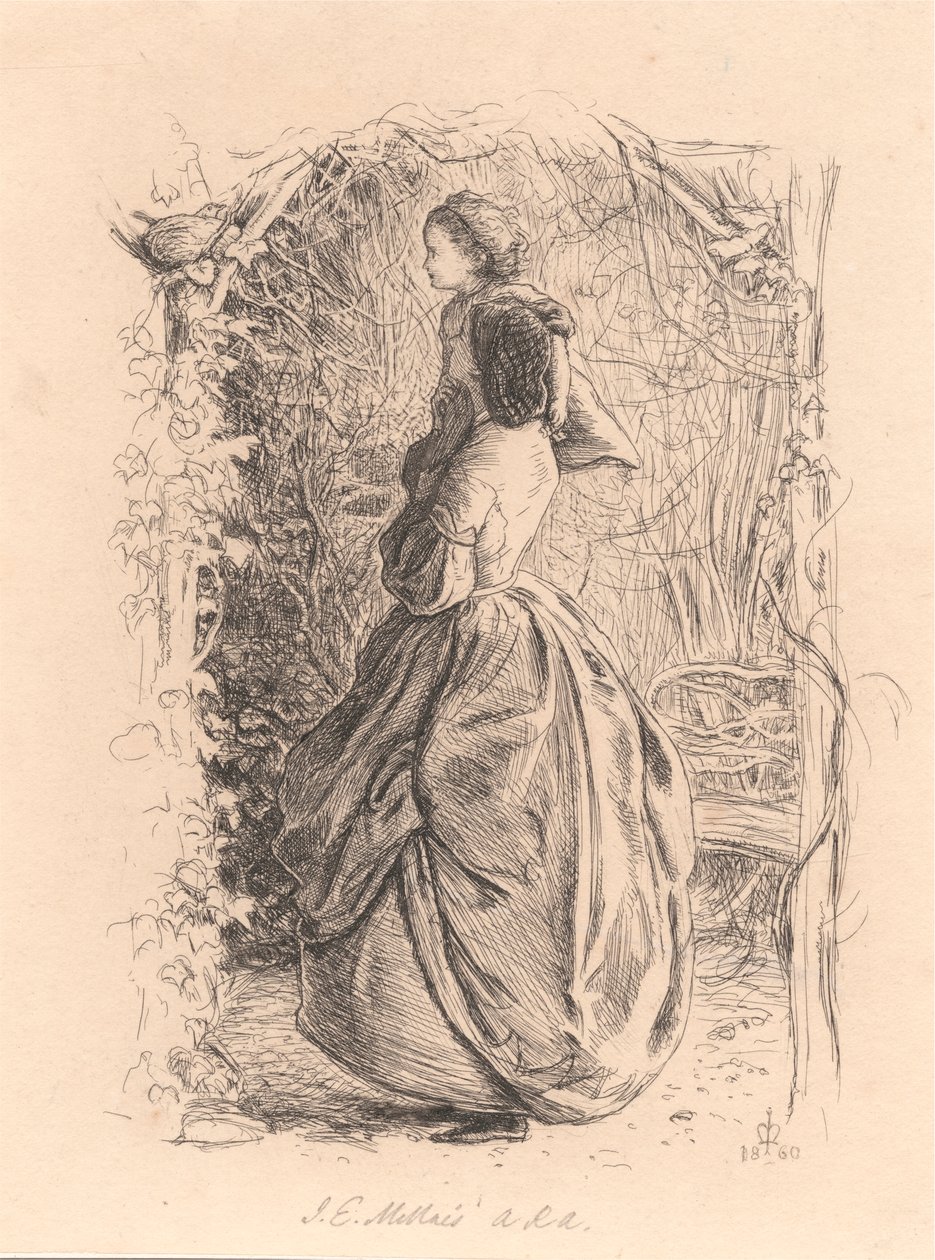 Glædelig forårstid. Kvinde og barn ser på fugl i reden. af Sir John Everett Millais