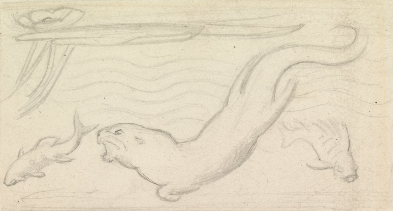 Farvet glasstudie, en odder og to fisk af Sir John Everett Millais
