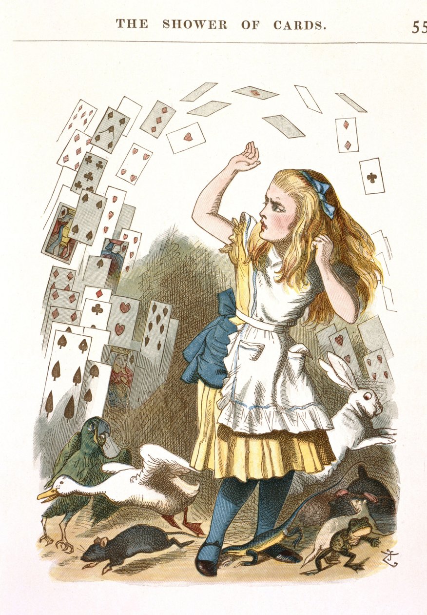 Bygen af kort. Illustration til Alice i Eventyrland af L. Carroll, 1890 af Sir John Tenniel