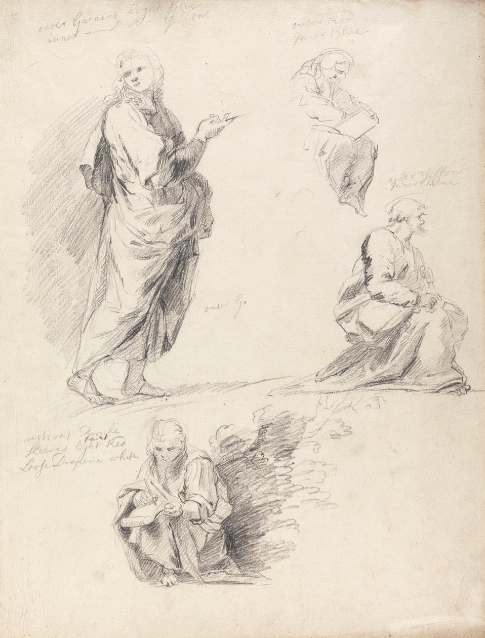 Ark med figurstudier fra Rafaels disputation (med separat ark med inskription) af Sir Joshua Reynolds