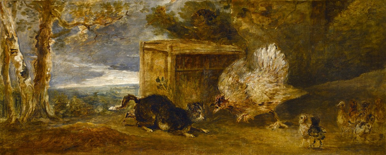 En høne, der forsvarer sine høns fra en kats angreb af Sir Peter Francis Bourgeois