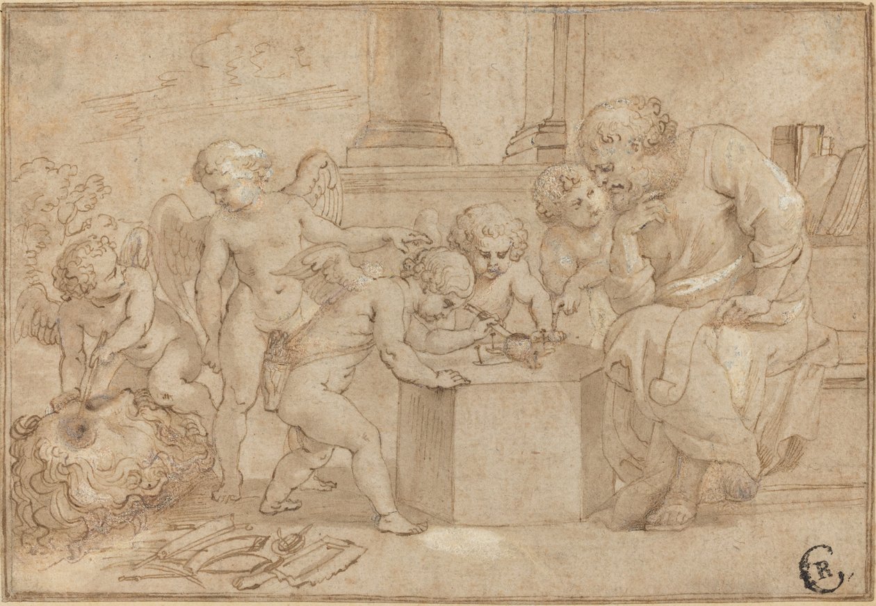 Ældre mand ser Putti dissekere et øje af Sir Peter Paul Rubens