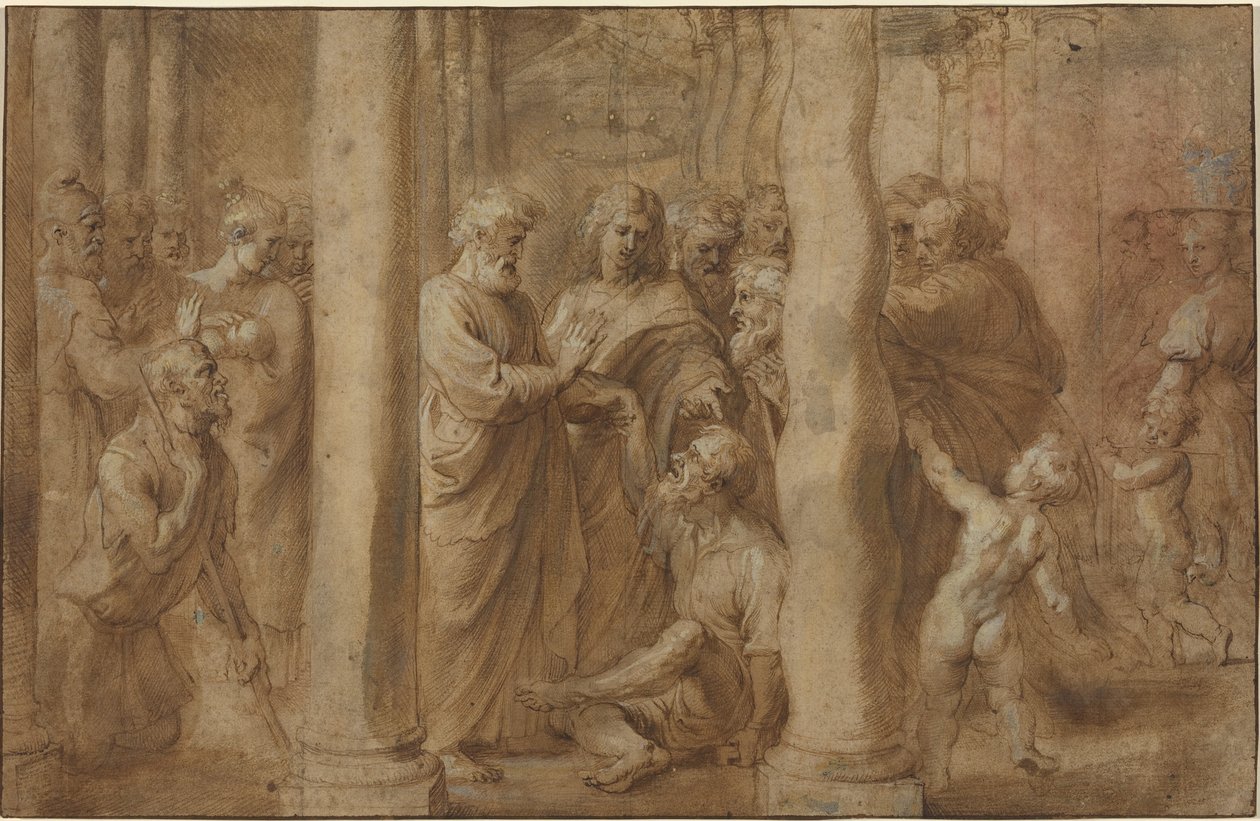 Miraklet af den lamme mand helbredt af Sankt Peter og Sankt Johannes af Sir Peter Paul Rubens over Anonymous Italian after Parmigianino after Raphael
