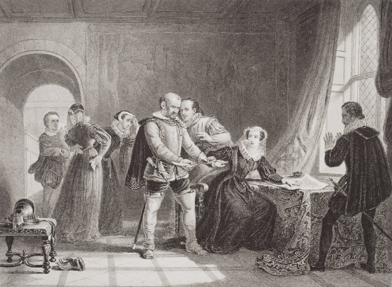 Mary Queen of Scots (1542-87) tvunget til at underskrive sin abdikation i Lochleven Castle i 1567, fra 