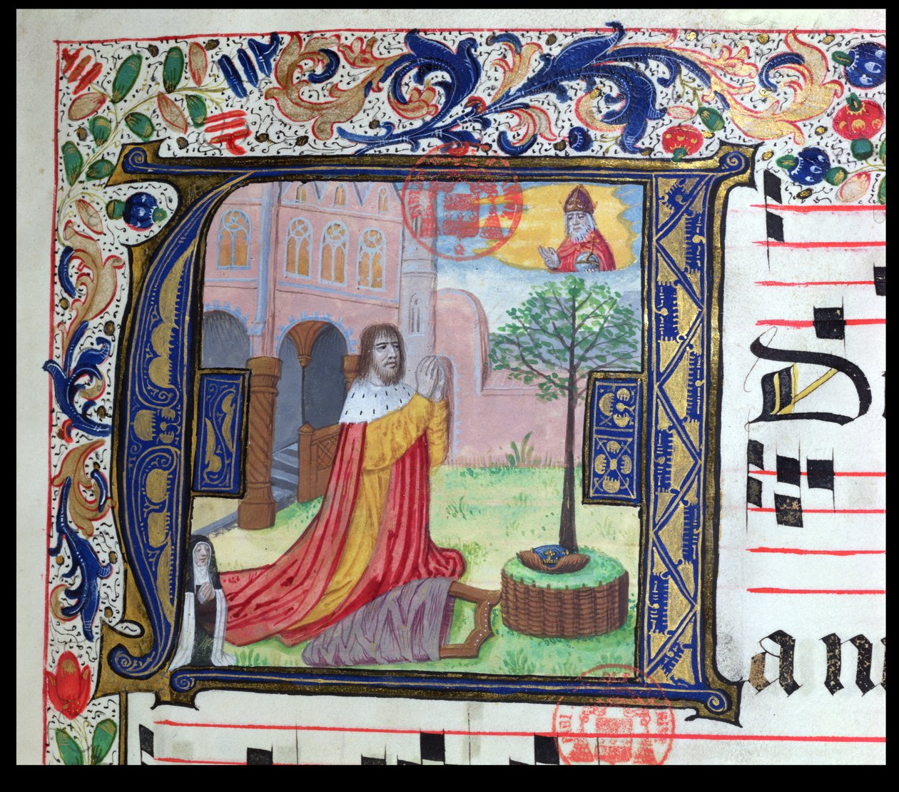 Ms 432 Historikeret initial A, fra et tidsskrift brugt af søstrene fra kongregationen for karmeliterne i Brugge, skrevet af søster Margarita Bruynewe, 1505 vellumdetalje af 215014 af Sister Cornelia Wulfekkercke