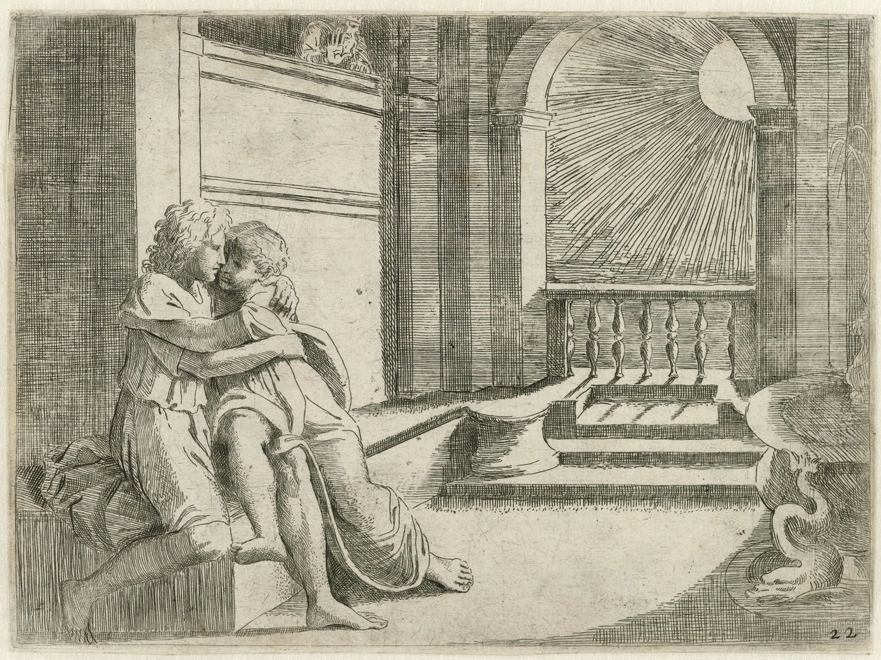 Abimelech ser Isaak Rebekka liefkozen Bijbelse scener (serietitel) Historia del Testamento Vecchio / Malet i Rom i Vatikanet af Raffaelle di Urbin (...) (serietitel) af Sisto Badalocchio