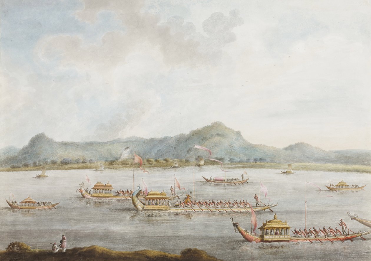 Nawab af Murshidabads både på Ganges, 1814 (uigennemsigtigt wc på papir) af Sita Ram
