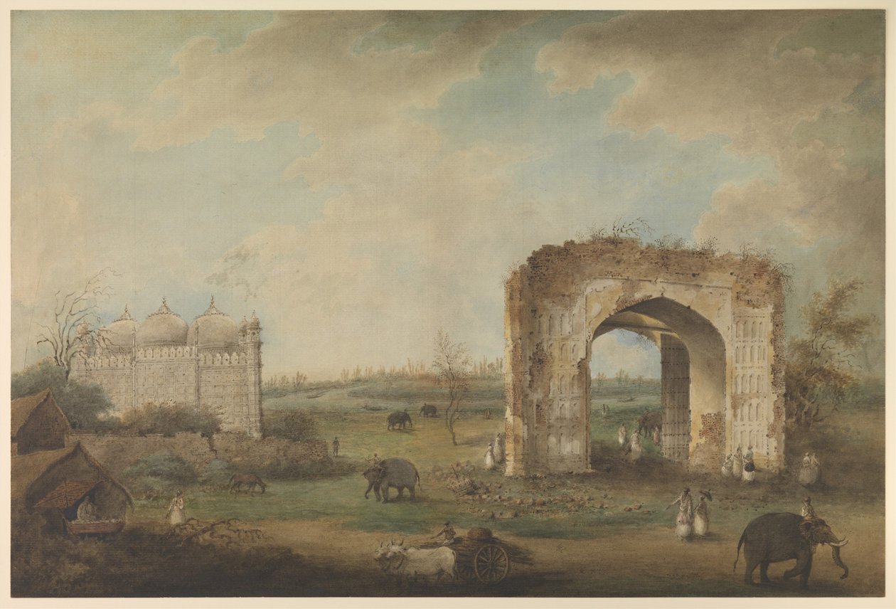 Udsigt over en moské og port ved Motijhil, ca. 1814-1823 (ugennemsigtig akvarel på papir) af Sita Ram (attr. to)